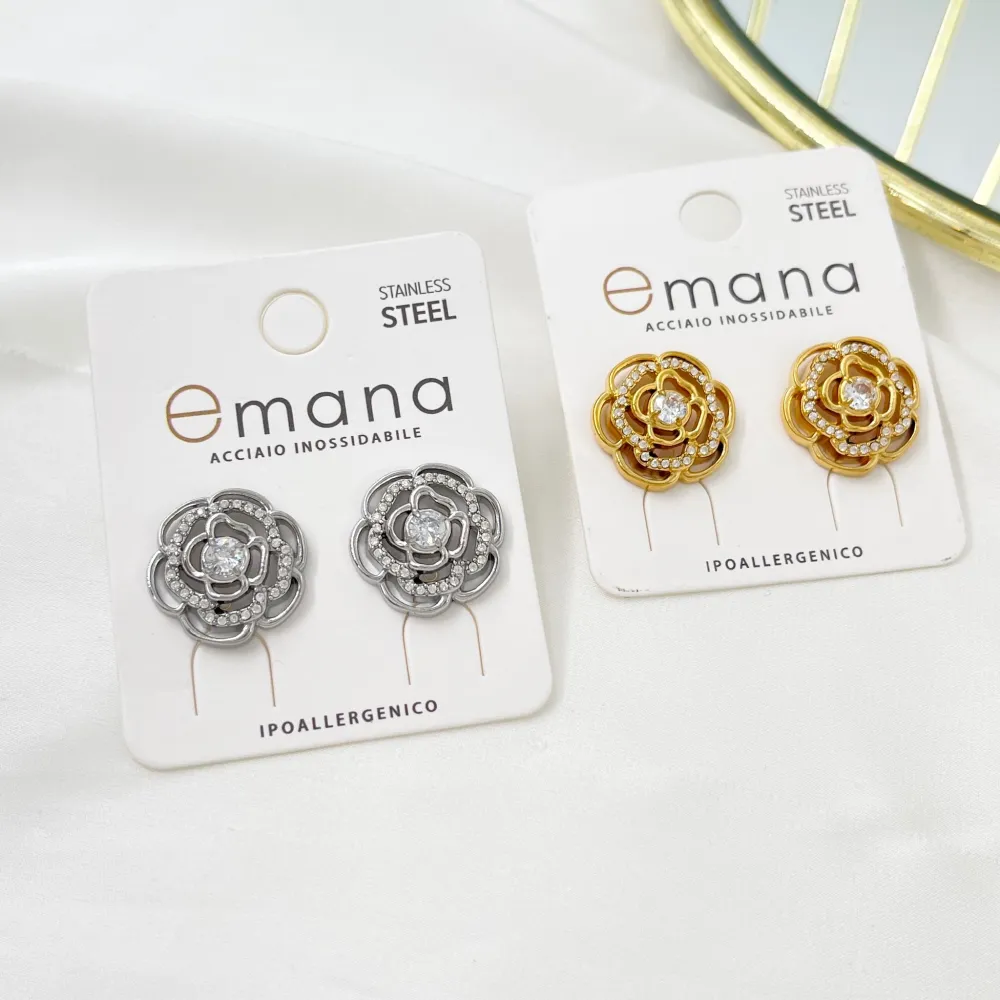 Fiore Rosa con Strass -Orecchini in Acciaio - OAP-103-AA4175E