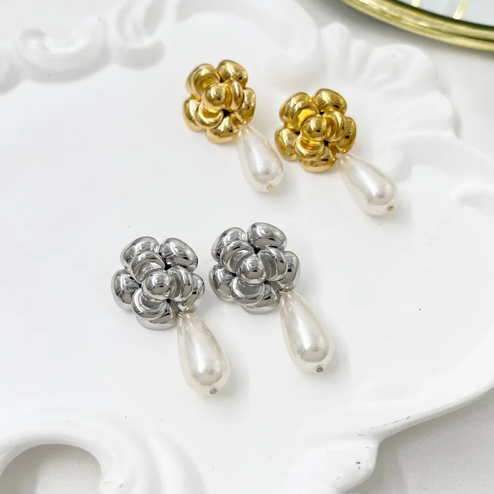 Fiore Rosa con Perla -Orecchini in Acciaio - OAP-732-360