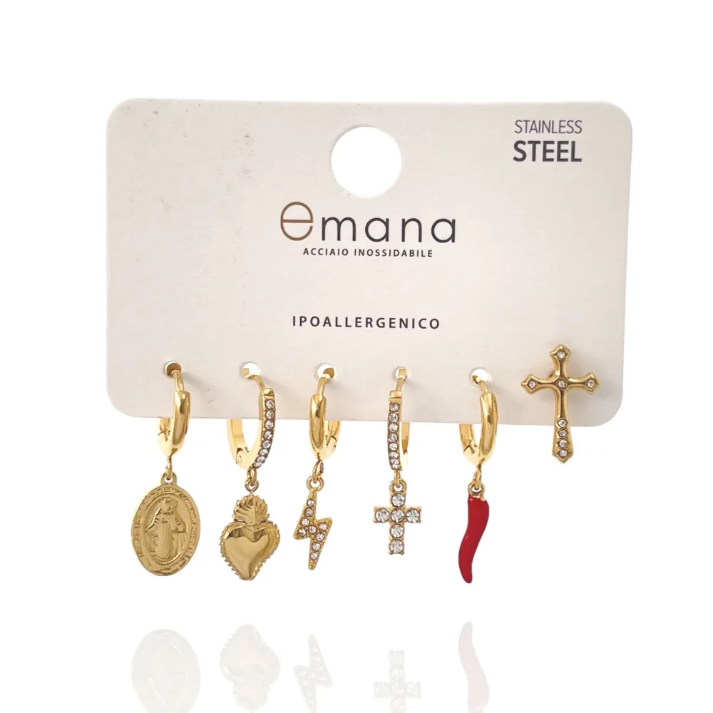 Croce Sacro Cuore Cornino-Set 6pz Orecchini in Acciaio - OPA-103-AA3332E