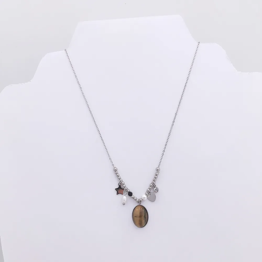Collana acciaio - Pendente pietra occhi di tigre e perla di fiume 4168  - Collana