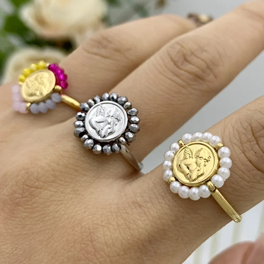 Angelo con Cristalli-36pz Anelli Regolabili in Acciaio - AAR-103-AA2711R