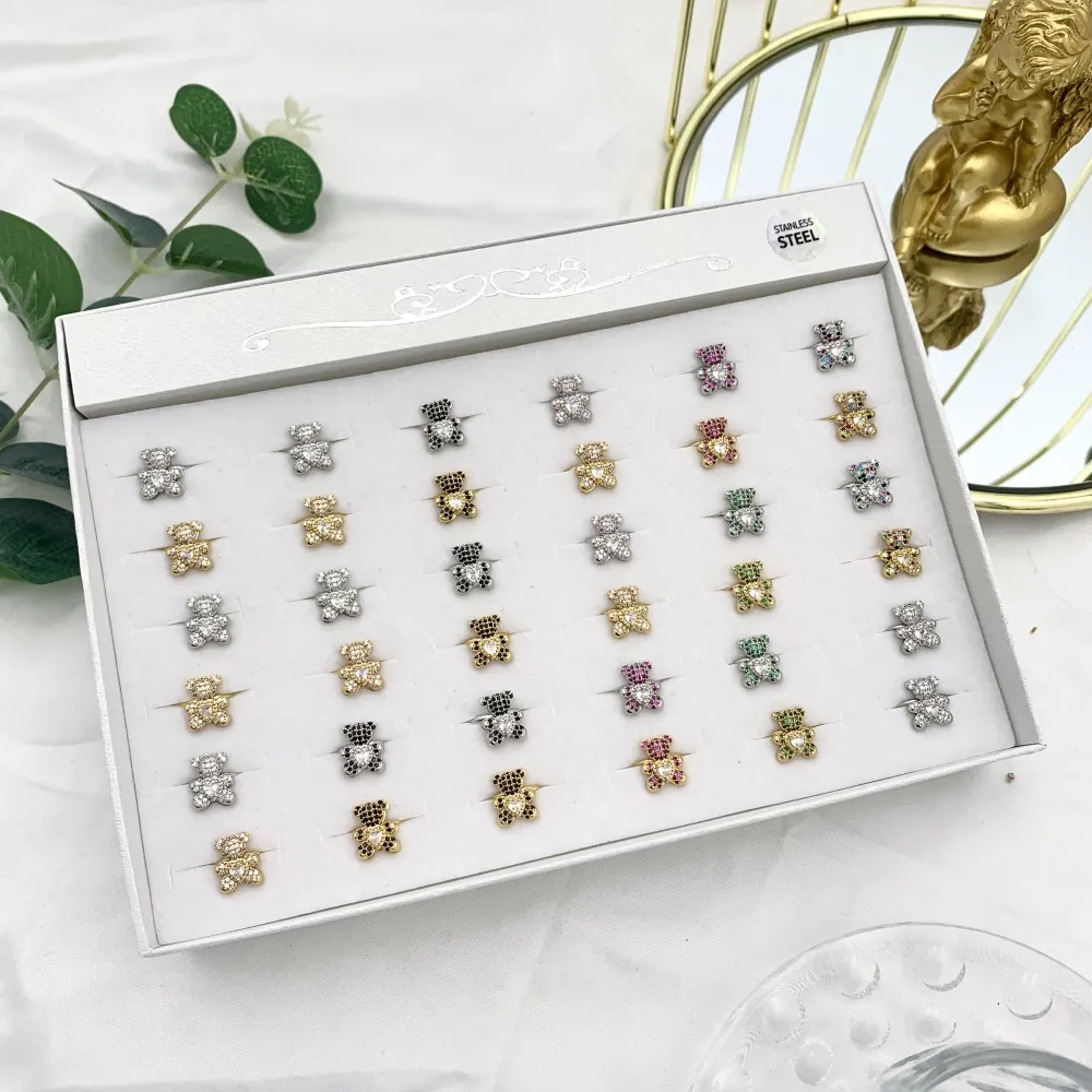 Orsetto Piccolo con Zirconia-36Pz Anelli Regolabili in Acciaio - AAR-103-AA2719R 12mm