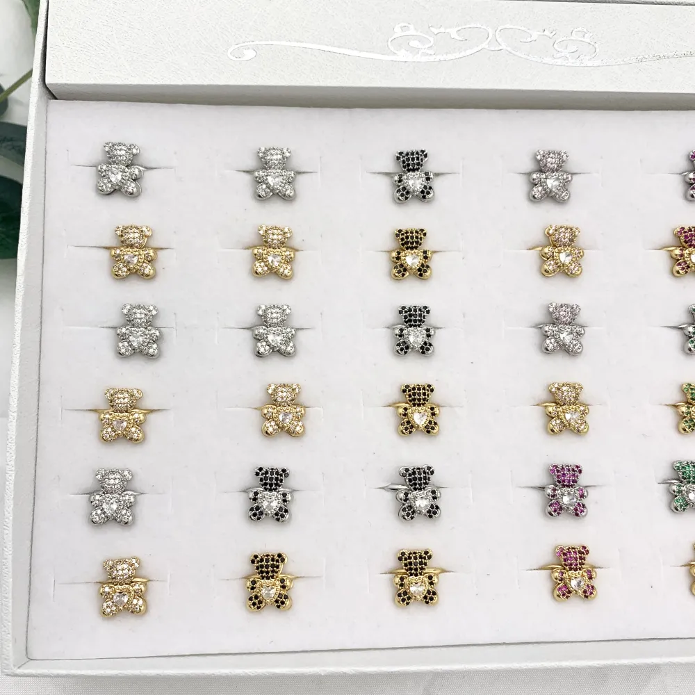 Orsetto Piccolo con Zirconia-36Pz Anelli Regolabili in Acciaio - AAR-103-AA2719R 12mm