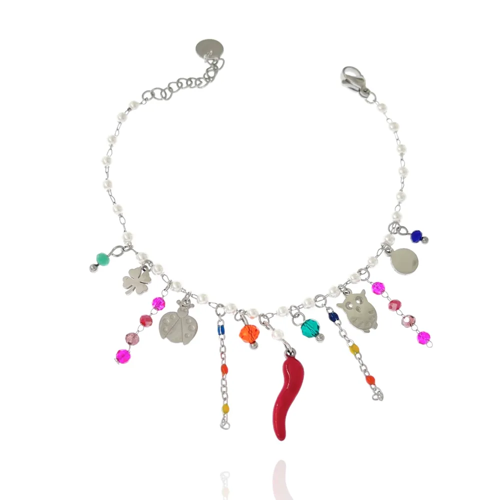 Cornino con Pendenti-Bracciale in Acciaio com Chiusura - BAC-103-AA1181B