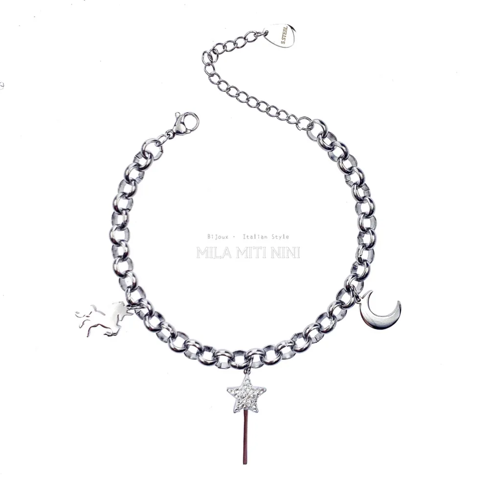 Unicorno Bacchetta Magica Luna -Bracciale in Acciaio con Chiusu - BAC413-1253