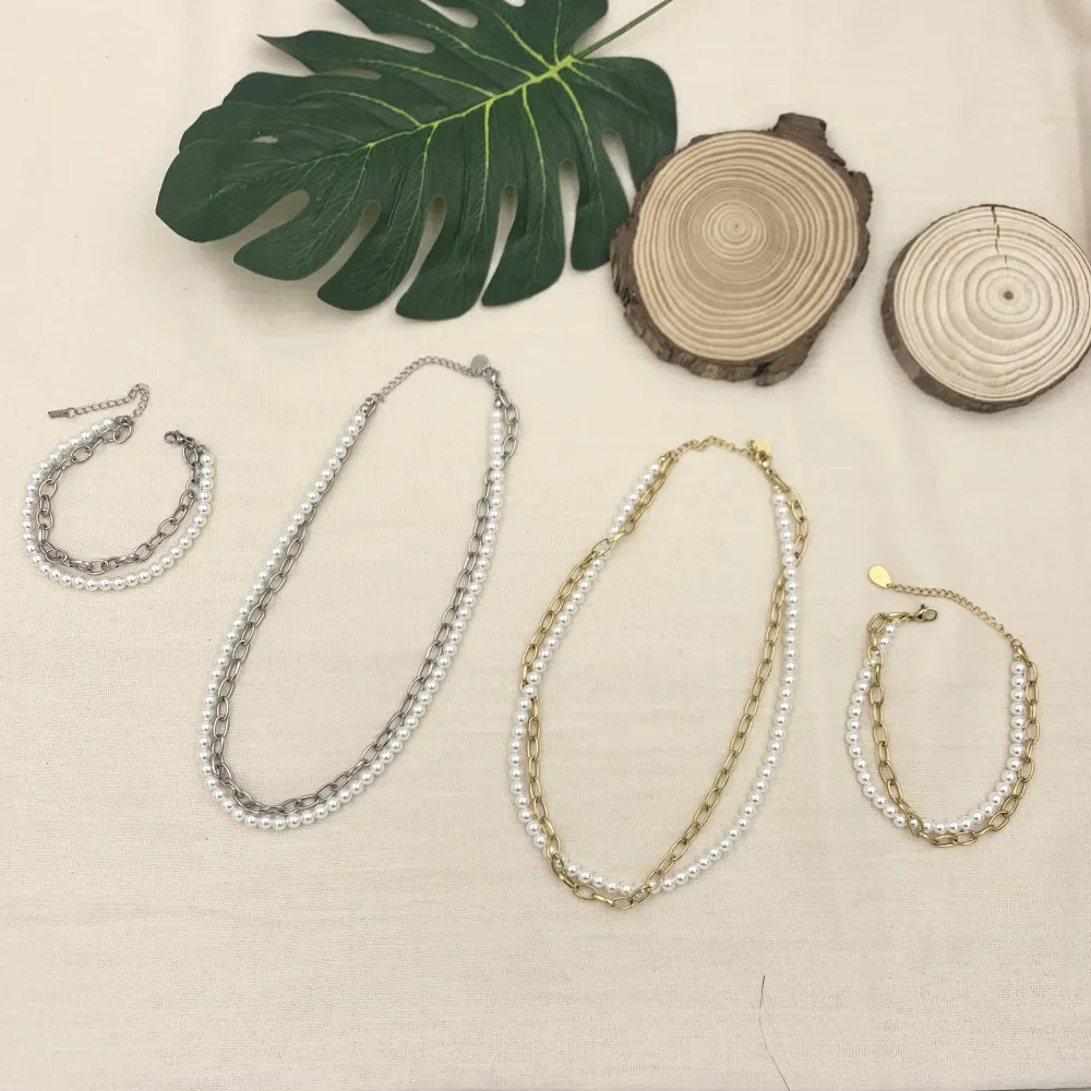 Perla e Catena-Bracciale in Acciaio con Chiusura - BAC-413-2058