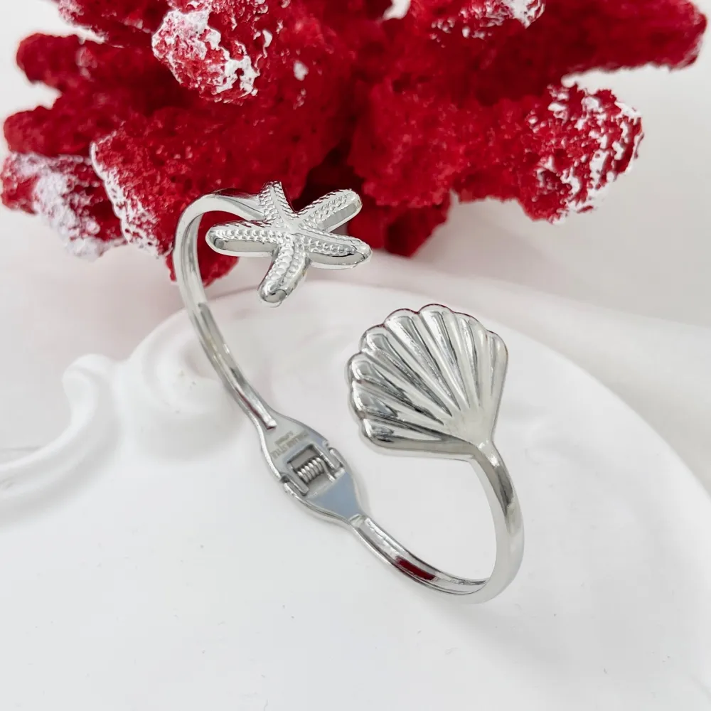 Conchiglia e Stella Marina-Bracciale Rigido in Acciaio - BAR-413-341