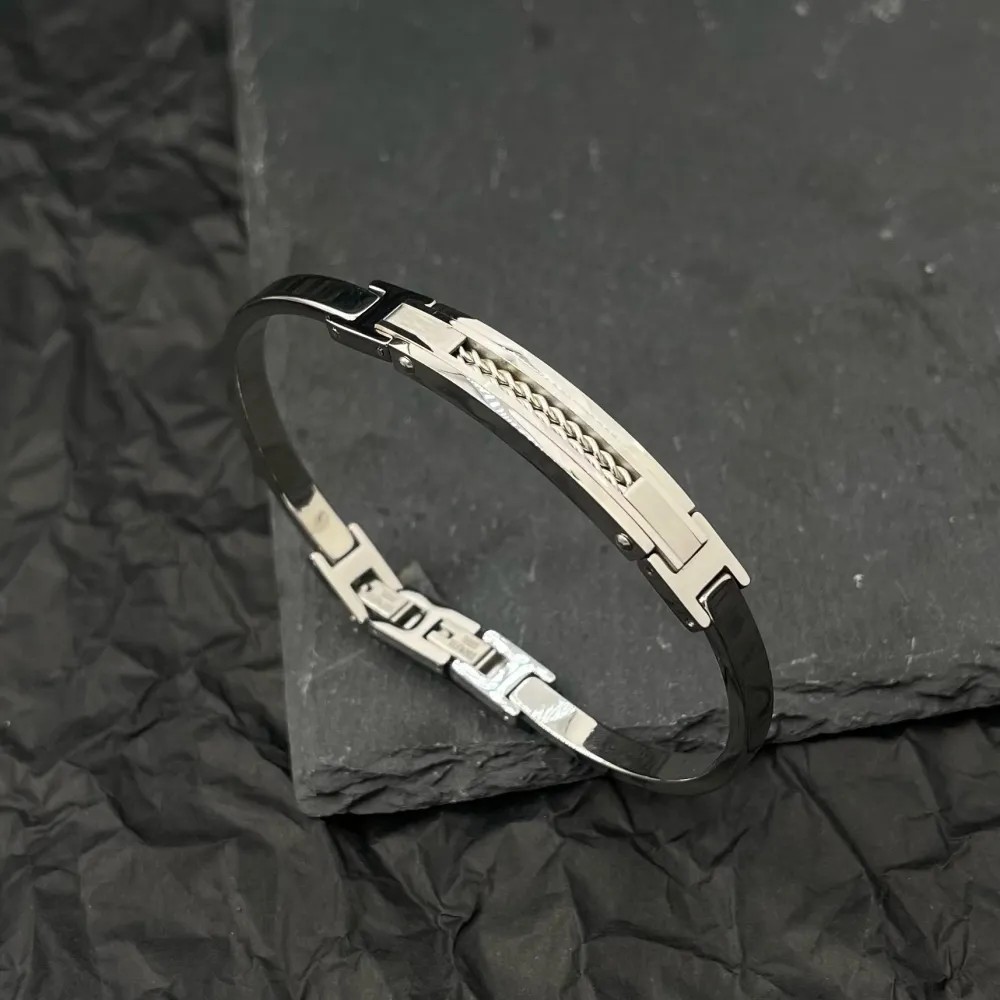 Semplice con Catena-Bracciale Rigido in Acciaio da Uomo - BAU-600-H269