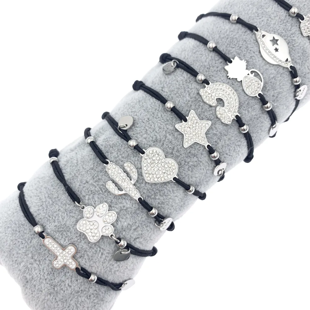 12Pz Bracciali Elastici in Acciaio+Cuscino in Omaggio - BPA7646-Soggetti Mix con Strass-12 Pz Bracciali Elastici