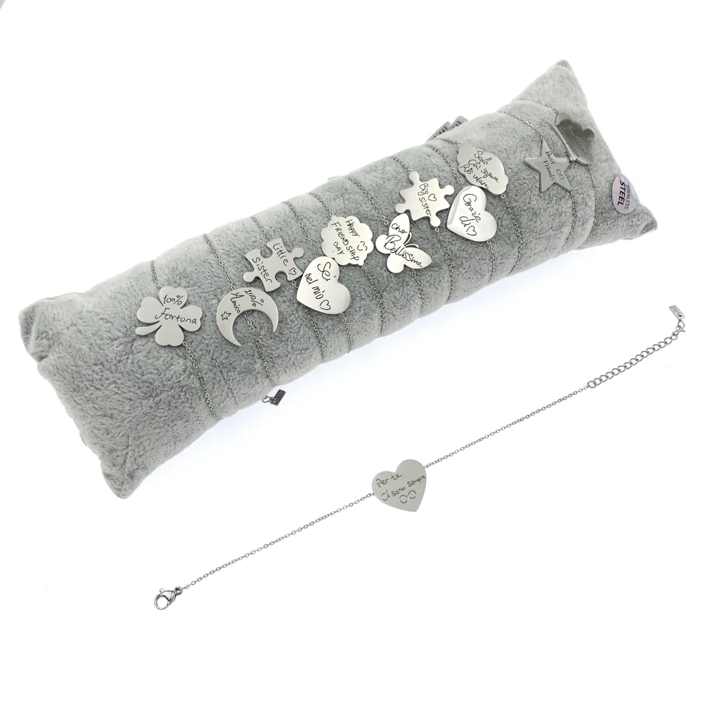 12Pz Bracciali in Acciaio con Chiusura a Moschettone + Cuscino - BPA7651-Scritte-12 Pz Bracciali in Acciaio
