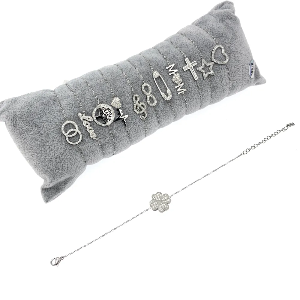12Pz Bracciali in Acciaio con Chiusura a Moschettone + Cuscino - BPA7653-Soggetti Mix con Strass-12 Pz Bracciali in Acciaio