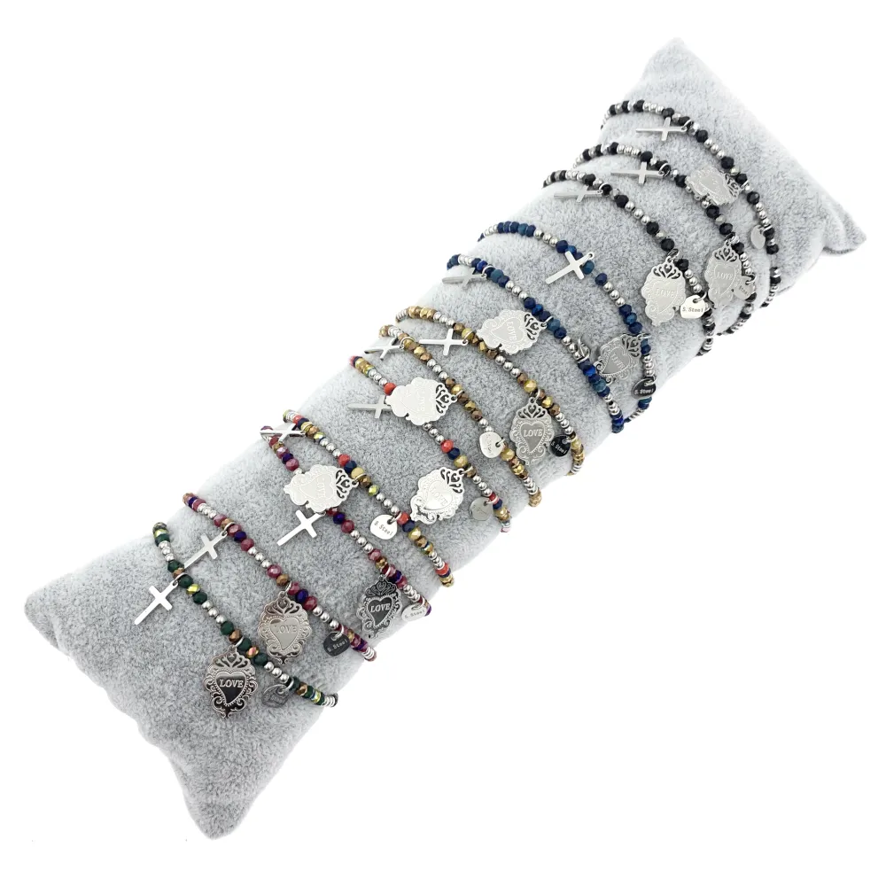 12Pz Bracciali Elastici in Acciaio+Cuscino in Omaggio - BPA7674-Croce Sacro Cuore-12 Pz Bracciali in Acciaio