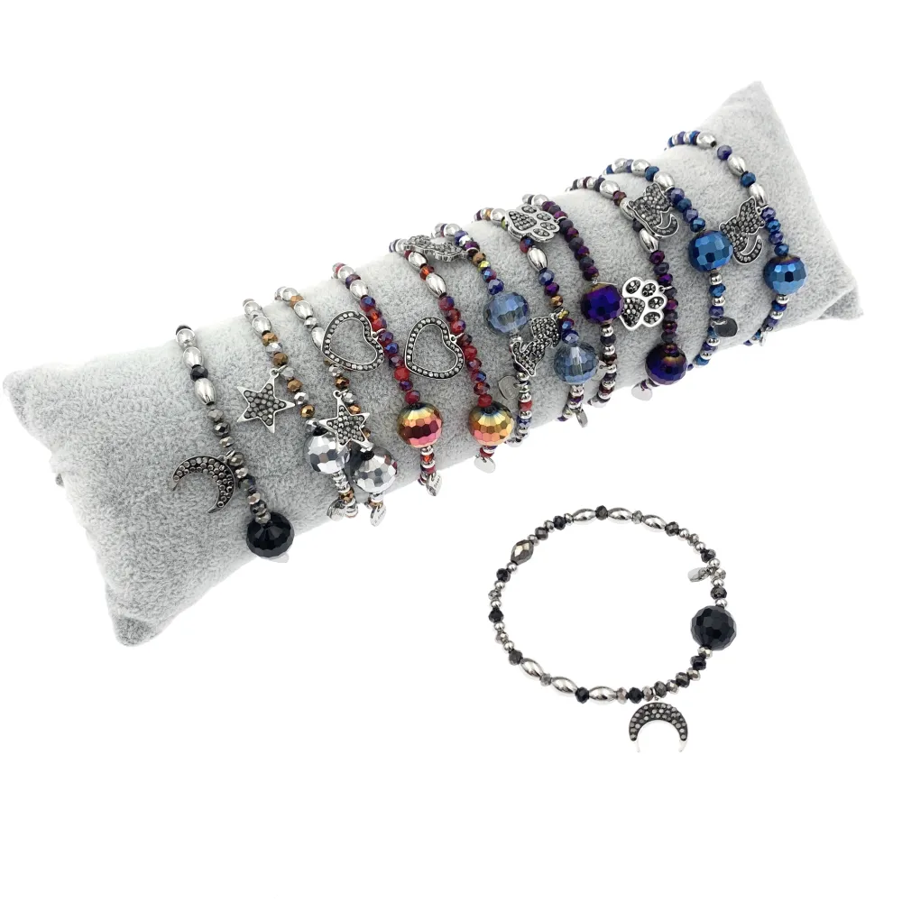 12Pz Bracciali Elastici in Acciaio+Cuscino in Omaggio - BPA7679-Mix Soggetti con Strass-12 Pz Bracciali in Acciaio