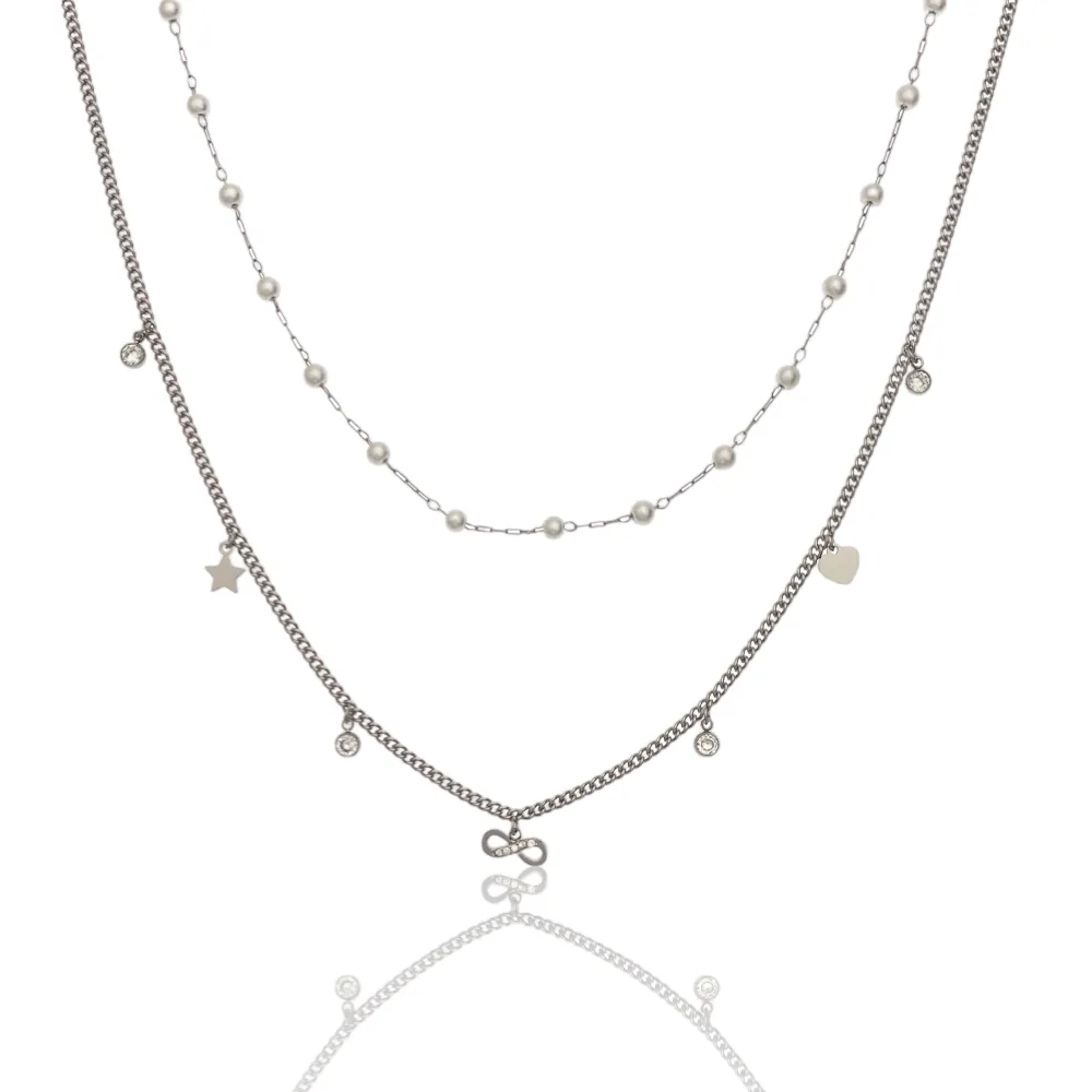 Doppio Perla e Infinito -Collana Corta in Acciaio - CAC-103-AA1169N
