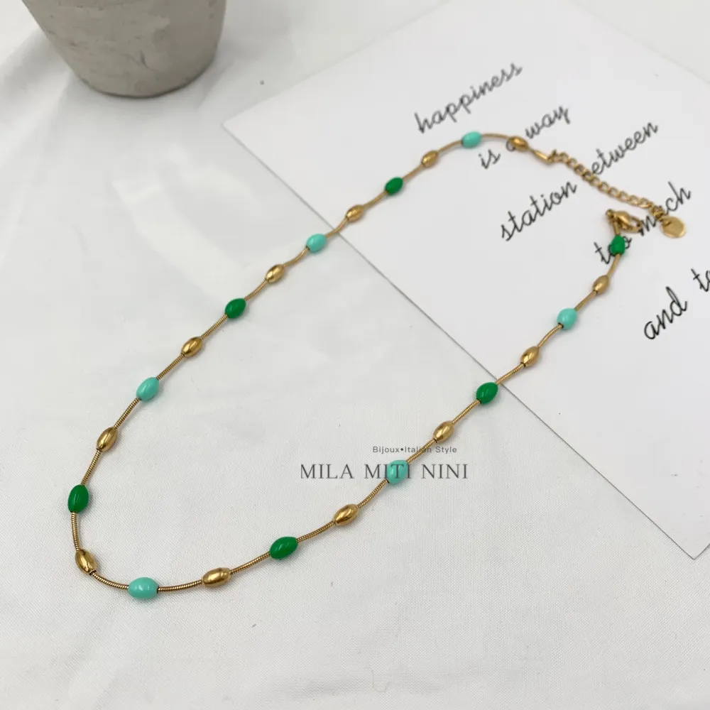 Pallina Ovale Colorata -Collana Corta in Acciaio - CAC-103-AA151N