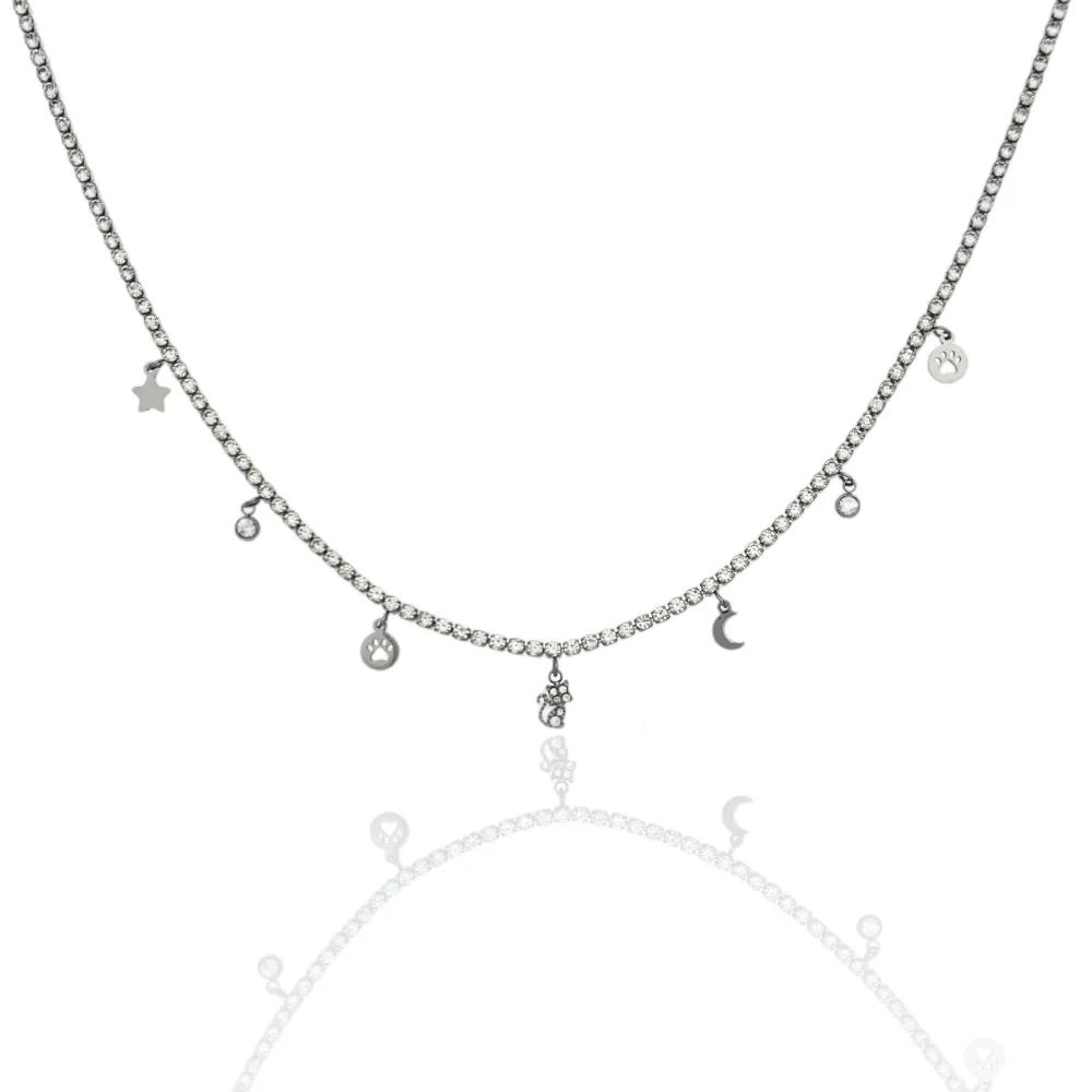 Tennis con Gatto-Collana Corta in Acciaio - CAC-103-AA2538N Gatto