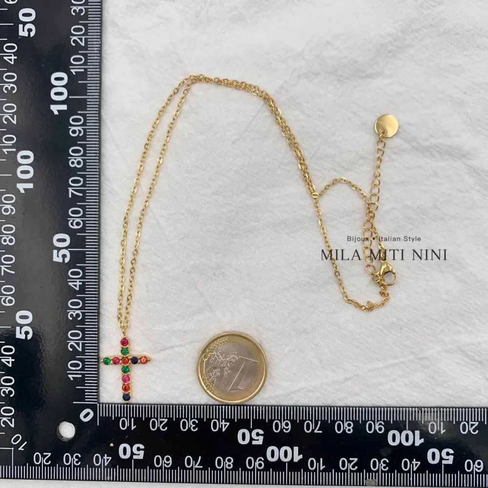 Croce con Zirconia -Collana Corta in Acciaio - CAC-103-AA495N