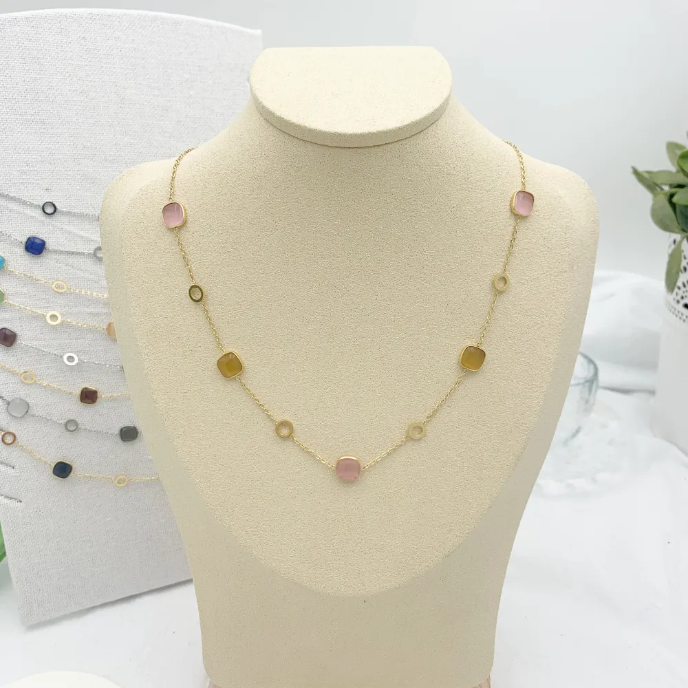 Pietra Luna Quadrata-Collana Corta in Acciaio - CAC-103-AA633N