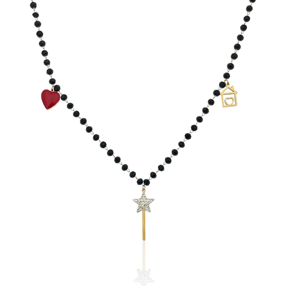 Cristalli Neri con Bachetta Magica -Collana Corta in Acciaio - CAC-413-1570