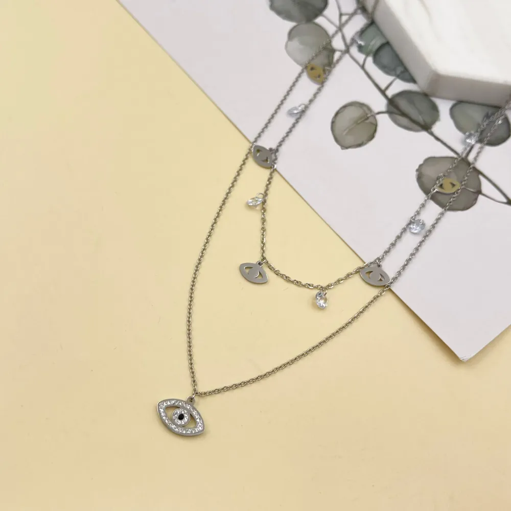 Doppio Zirconia occhio -Collana Corta in Acciaio - CAC-413-1712