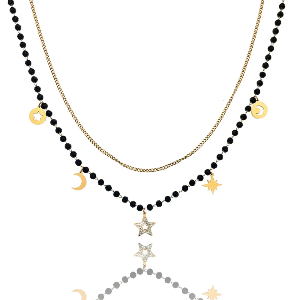 Cristalli Neri Stella Luna  -Collana Corta in Acciaio - CAC-413-1832