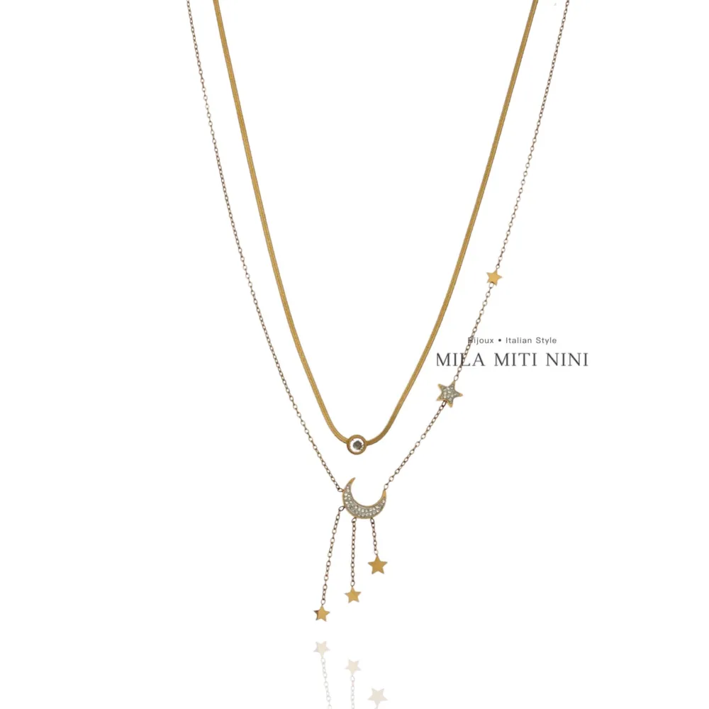 Doppio Luna Stella -Collana Corta in Acciaio - CAC-413-1849