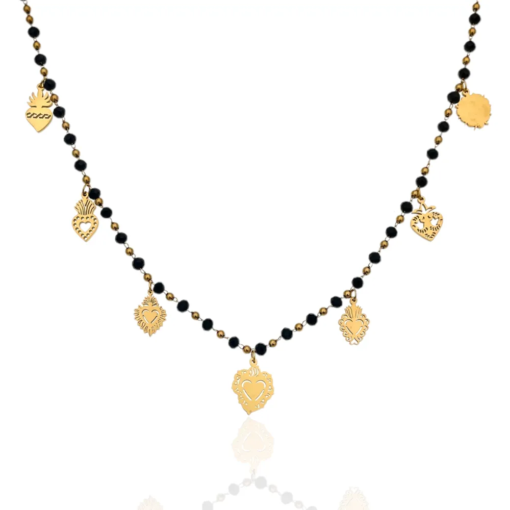 Cristalli Neri con Sacro Cuore -Collana Corta in Acciaio - CAC-413-2099