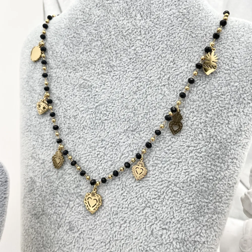 Cristalli Neri con Sacro Cuore -Collana Corta in Acciaio - CAC-413-2099
