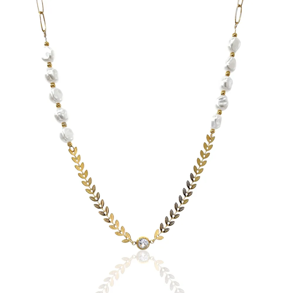 Foglia e Perla -Collana Corta in Acciaio - CAC-413-2210