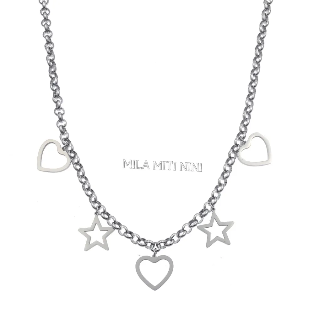 CAC413-2399-Catena Cuore Stella -Collana Corta in Acciaio - CAC413-2399-Catena Cuore Stella -Collana Corta in Acciaio
