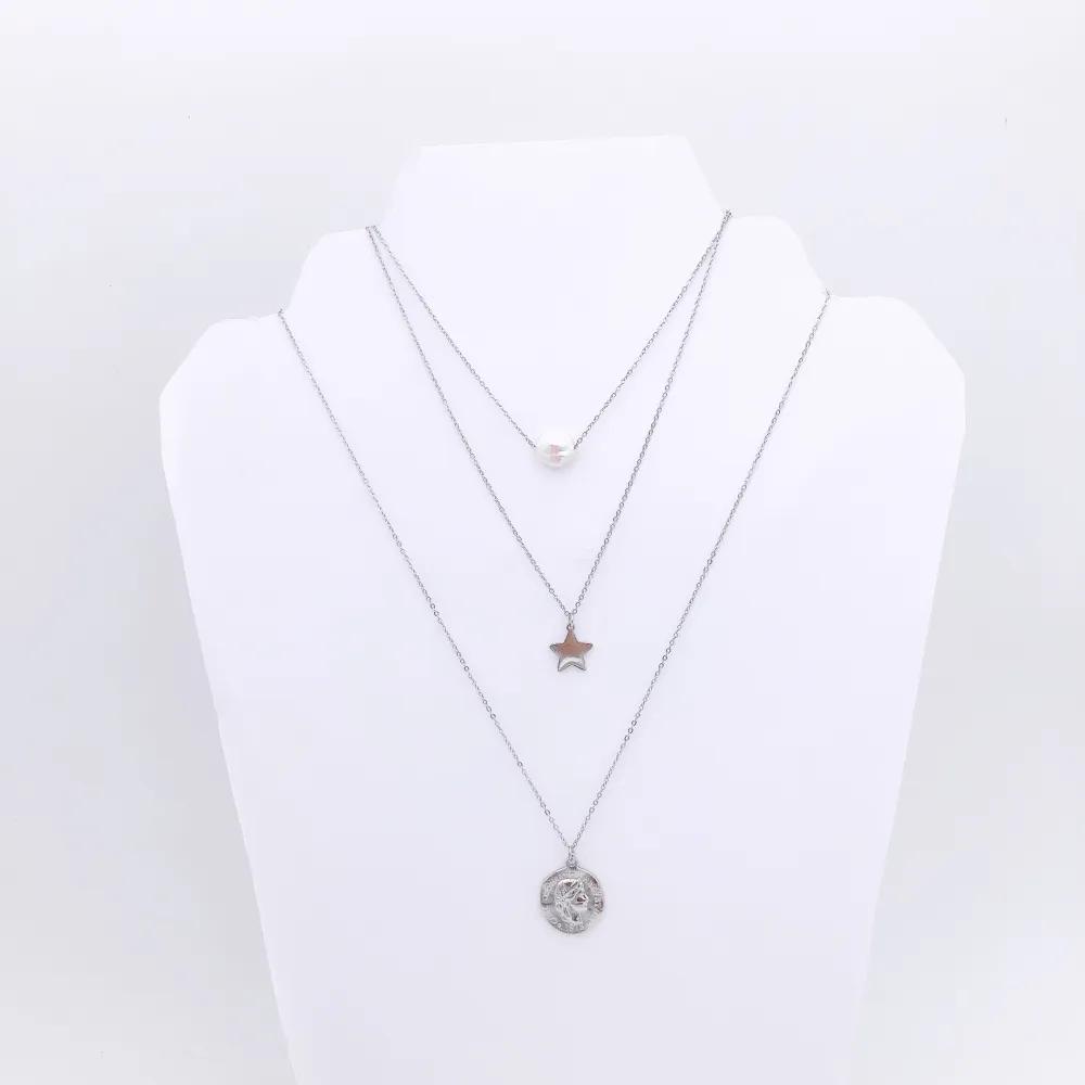 Multifilo collana acciaio - CAC4237-Perla stella medaglia- Collana multifilio in Acciaio