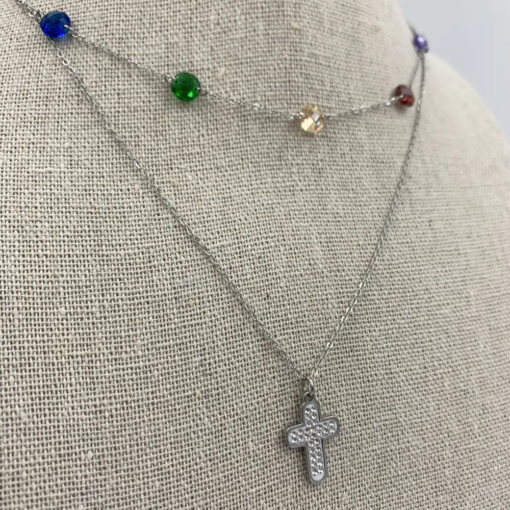 Collana moda multifilo  acciaio e cristallo - CAC5038-Croce e zirconia- Collana Corta Multifilo in Acciaio