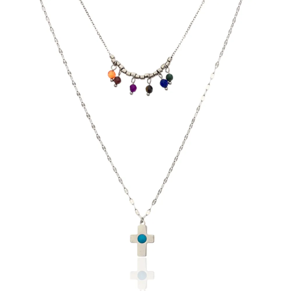 Doppio Catena con Croce-Collana Corta in Acciaio - CAC-732-26