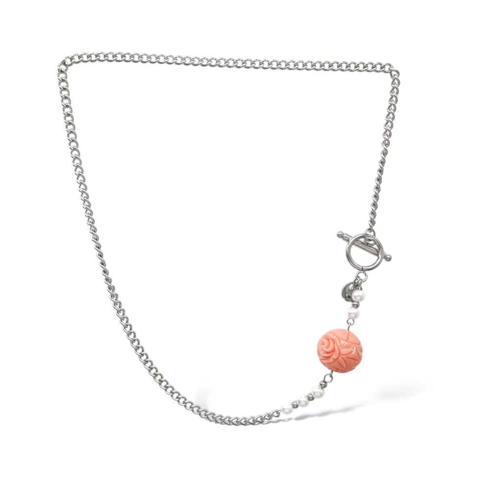 Pallina Fiore Rosa -Collana Corta in Acciaio - CAC-765-17