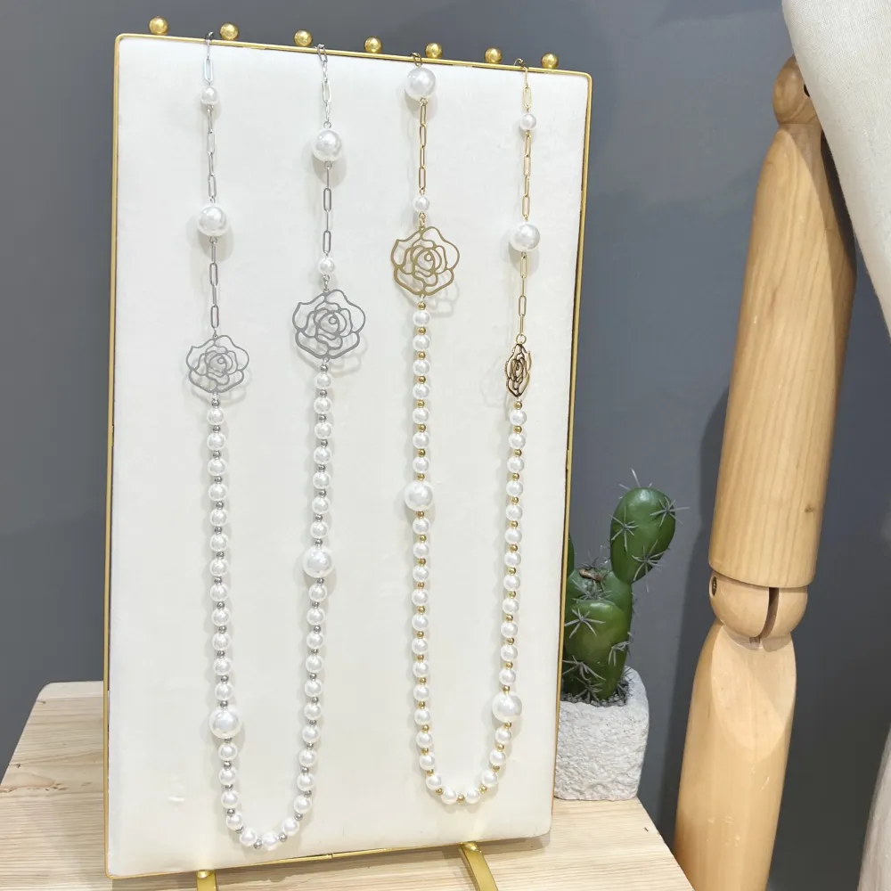 Perla con Fiore-Collana Lunga  in Acciaio - CAL-759-31