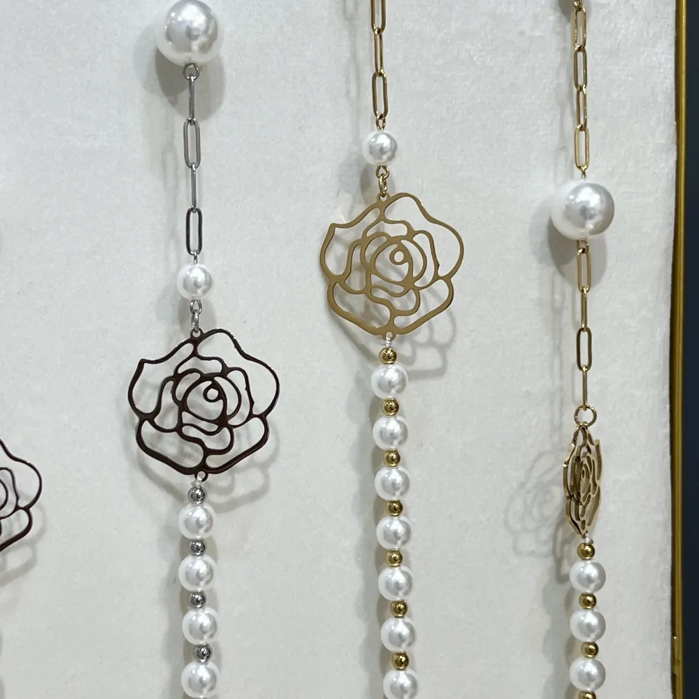 Perla con Fiore-Collana Lunga  in Acciaio - CAL-759-31