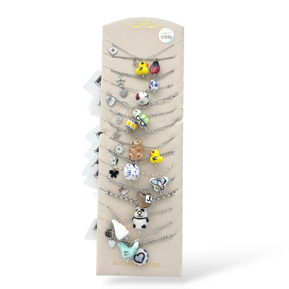Mix Soggetti Ceramica -12pz Collane Corte in Acciaio - CPA-765-61