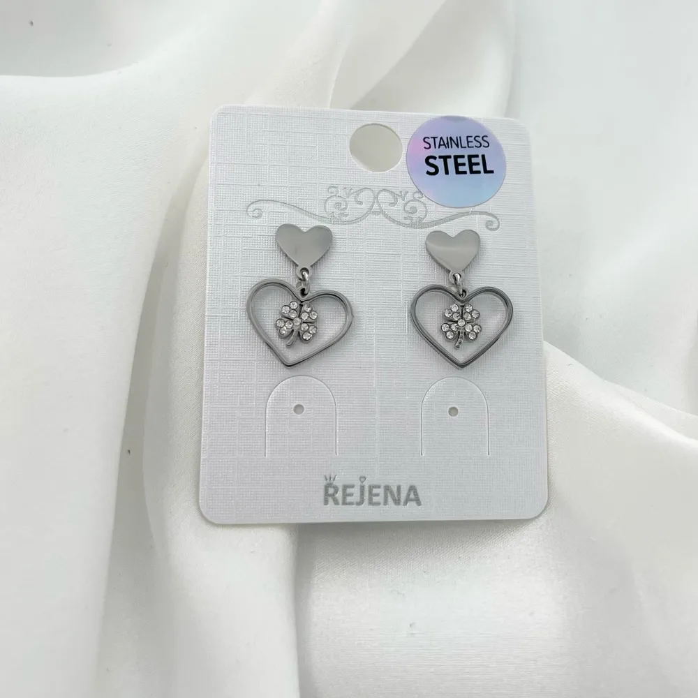 Cuore con Quadrifoglio-Orecchini Pendenti in Acciaio - OAP-103-AA1086E