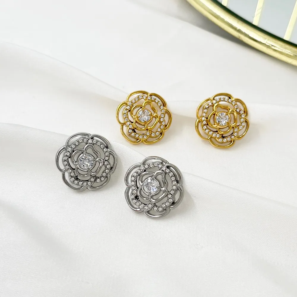 Fiore Rosa con Strass -Orecchini in Acciaio - OAP-103-AA4175E