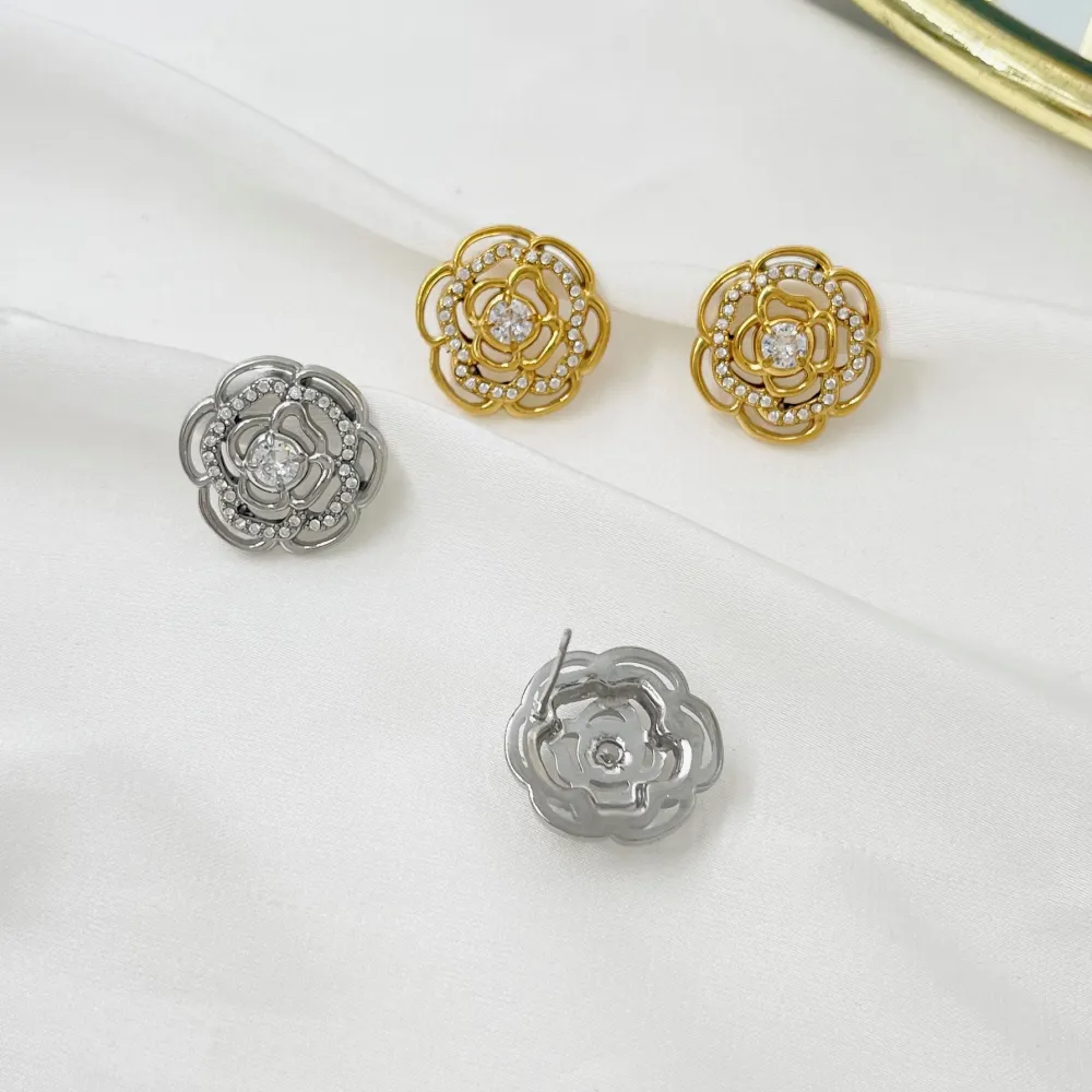 Fiore Rosa con Strass -Orecchini in Acciaio - OAP-103-AA4175E