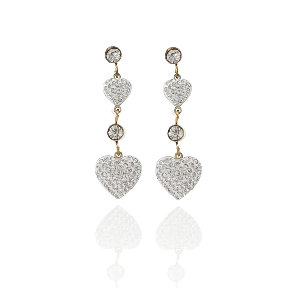 Doppio Cuore Pendente con Strass-Orecchini in Acciaio - OAP-413-1209