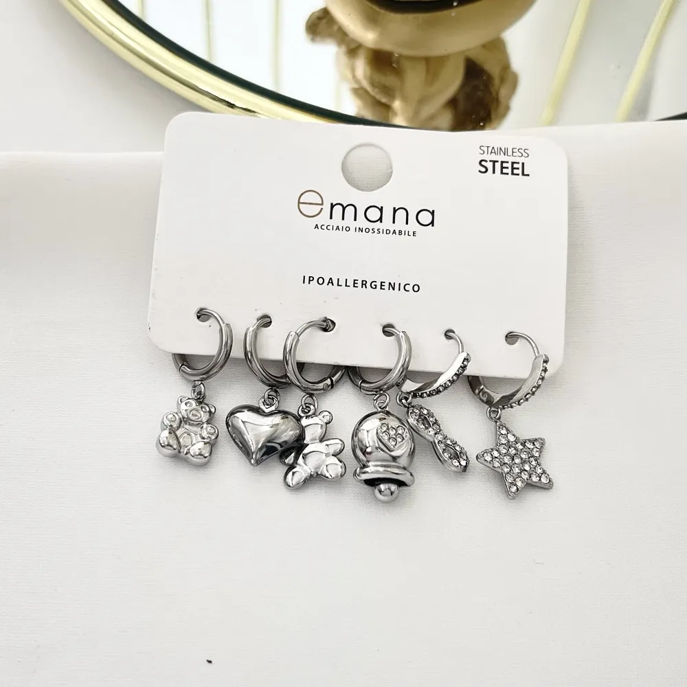 Orsetto Cuore Stella - Set 6pz Orecchini in Acciaio - OPA-103-AA3330E