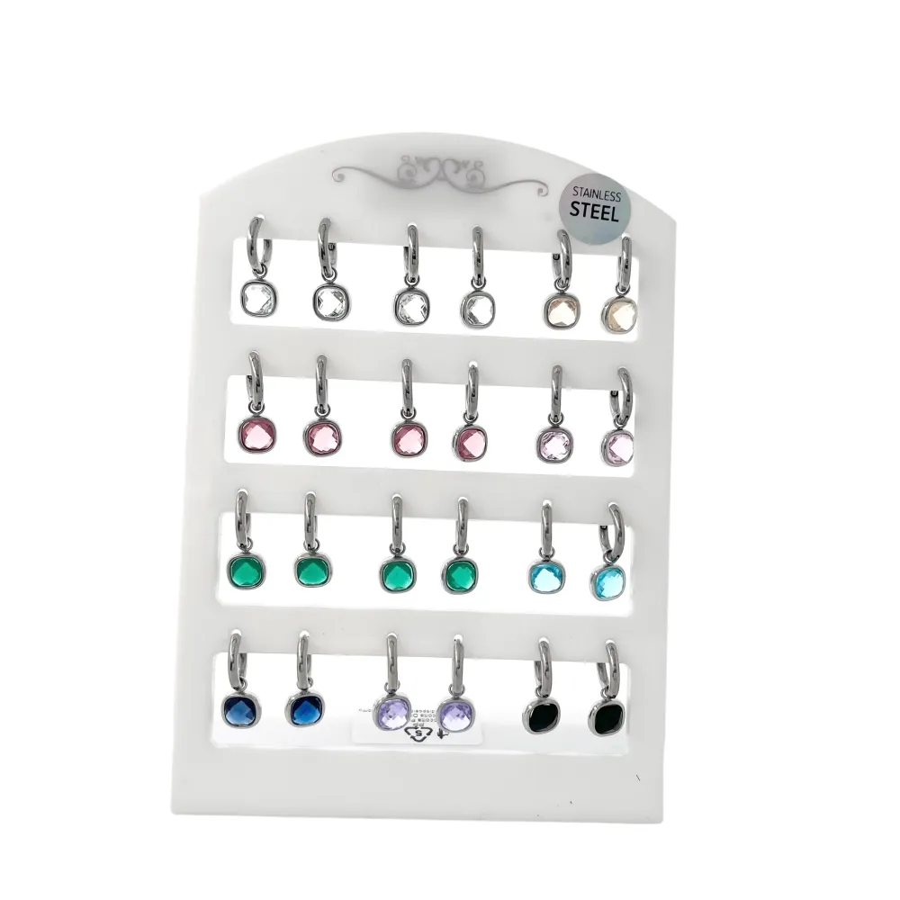 Cerchio con Piedtra Quadrata-12Paia Orecchini in Acciaio - OPA103-AA70E