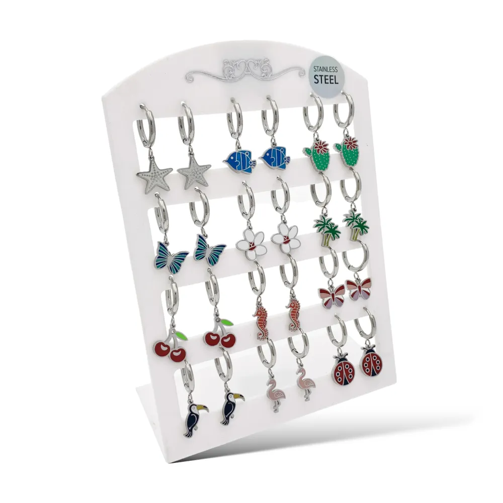 Mix Soggetti Tropocali Smaltato-12Paia Orecchini in Acciaio - OPA-413-983