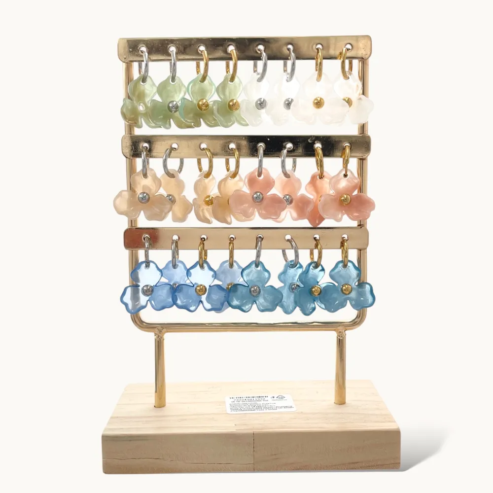 Cerchio con Fiore-12Paia Orecchini in Acciaio Incluso Espositore - OPA-732-332