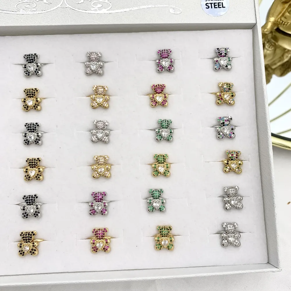 Orsetto Piccolo con Zirconia-36Pz Anelli Regolabili in Acciaio - AAR-103-AA2719R 12mm