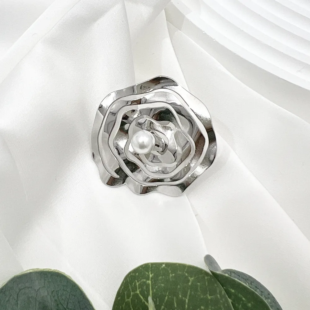 Fiore Grande con Perla-Anello Regolabile in Acciaio - AAR-759-06