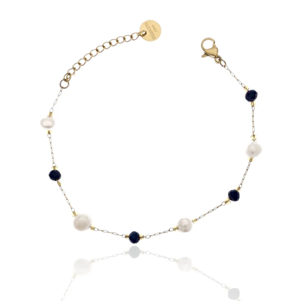 Semplice Perla di Fiume e Cristalli-Bracciale in Acciaio - BAC-732-37