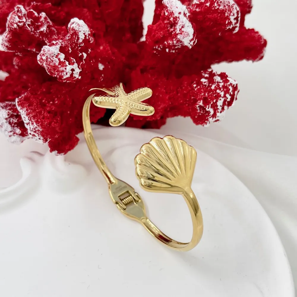 Conchiglia e Stella Marina-Bracciale Rigido in Acciaio - BAR-413-341