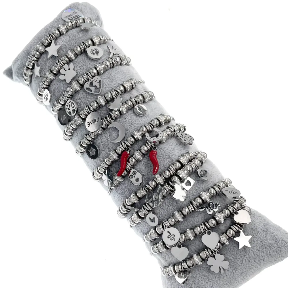 Mix Soggetti- 12 Pz Bracciali in Acciaio con Moschettone - BPA-413-1615